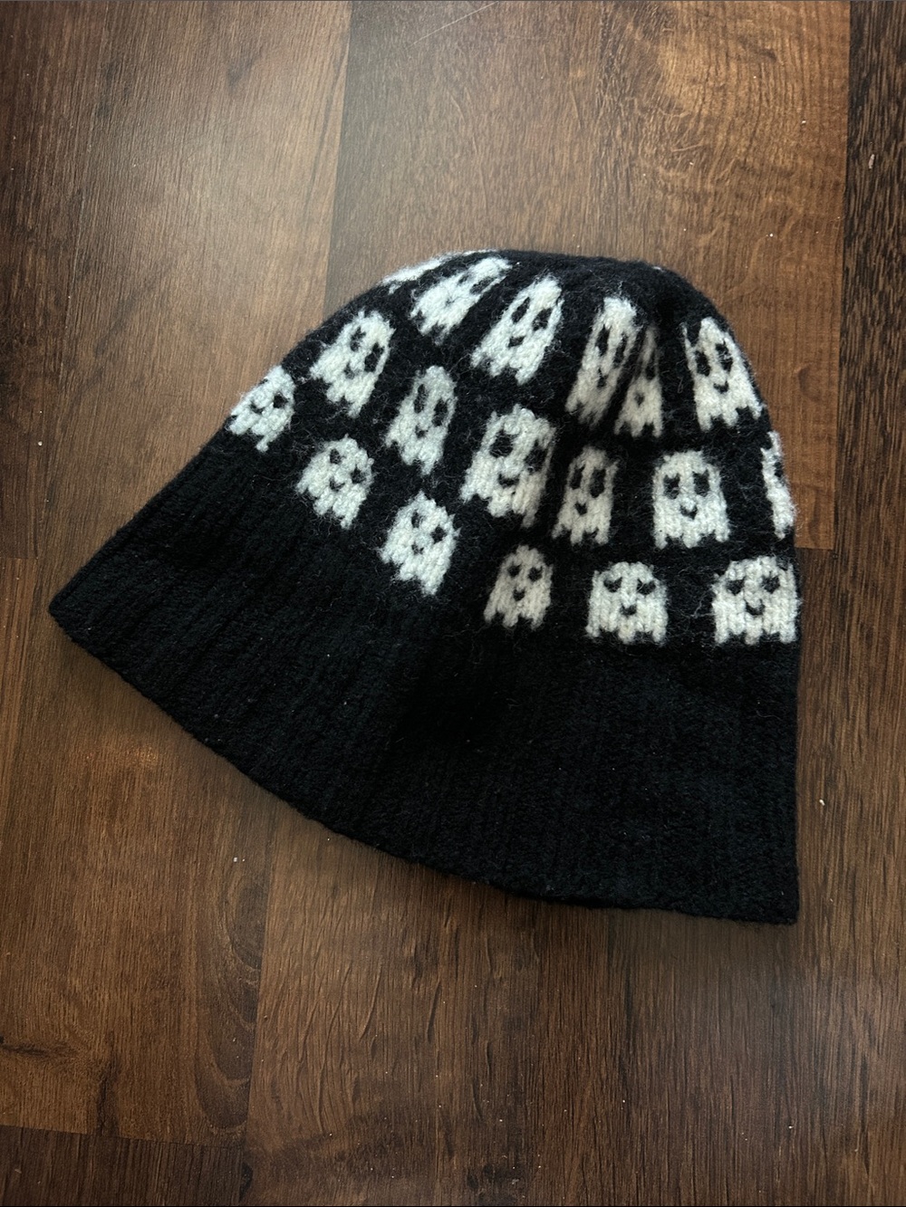 Black Knit Beanie with White Ghost Pattern